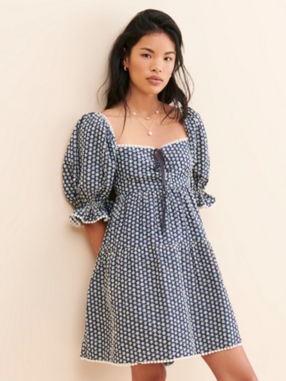 En Saison Sivan Mini Navy Blue Floral Puff Sleeve Dress Sz S